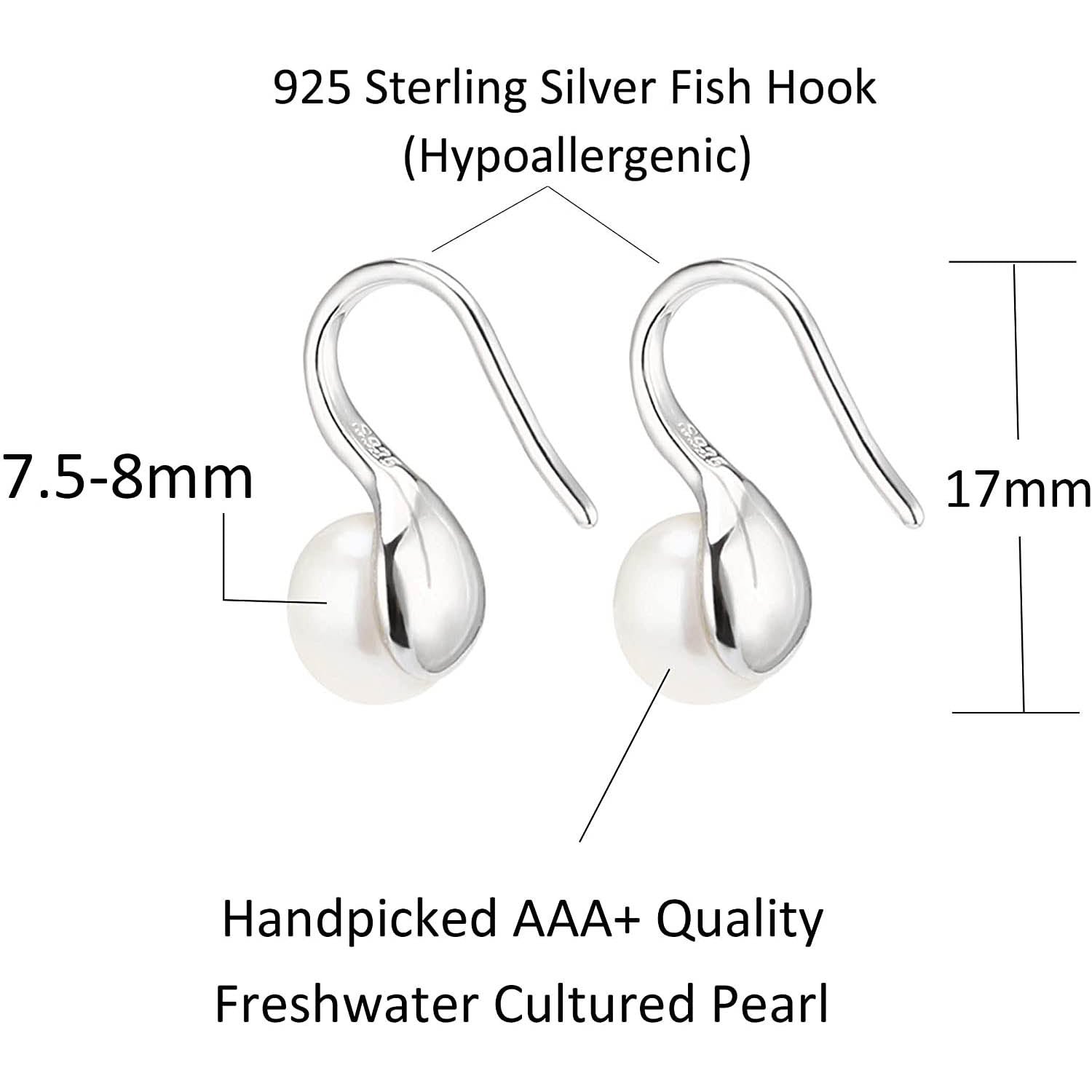 925 Sterling Silver 7.5-8mm White Freshwater Cultured Pearl Dangle Drop Earrings - Image 3