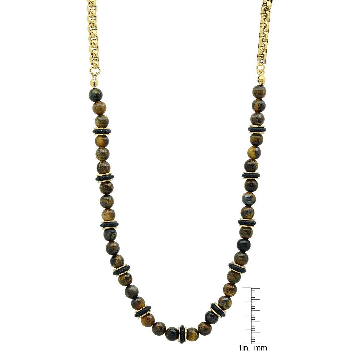 Men's Tiger Eye, Black Rubber and 18k Gold Plated Box Chain Necklace - Image 3